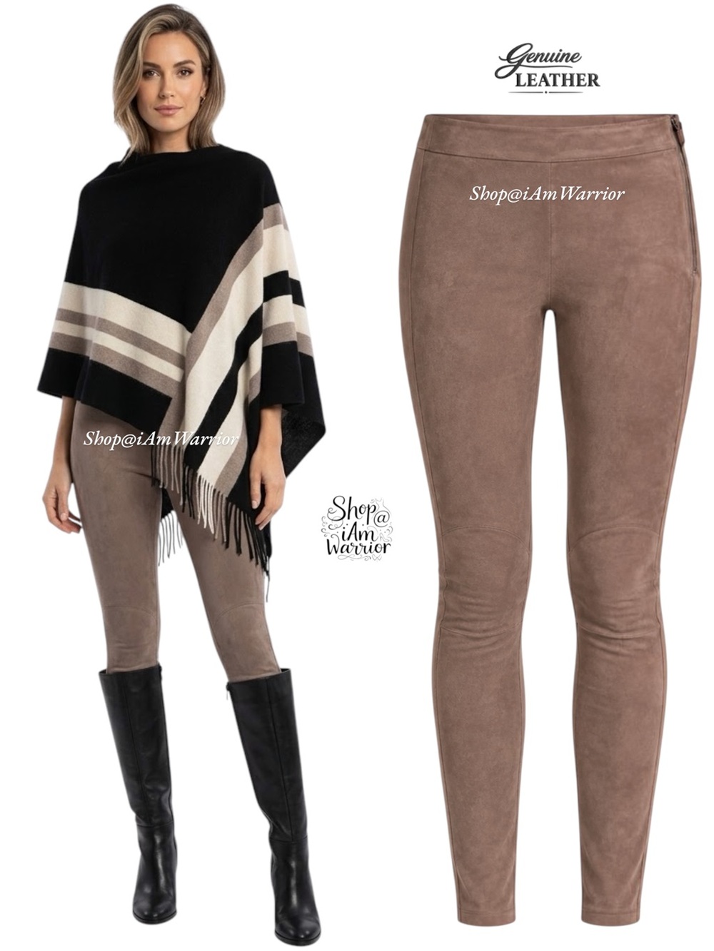 Genuine Suede Leather Front Ponte Knit Back Taupe Side Zip Leggings